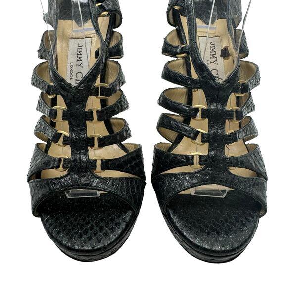 Jimmy Choo Black Leather Green Shimmer Gladiator Cage Platform Stiletto Sandals - Picture 3 of 11